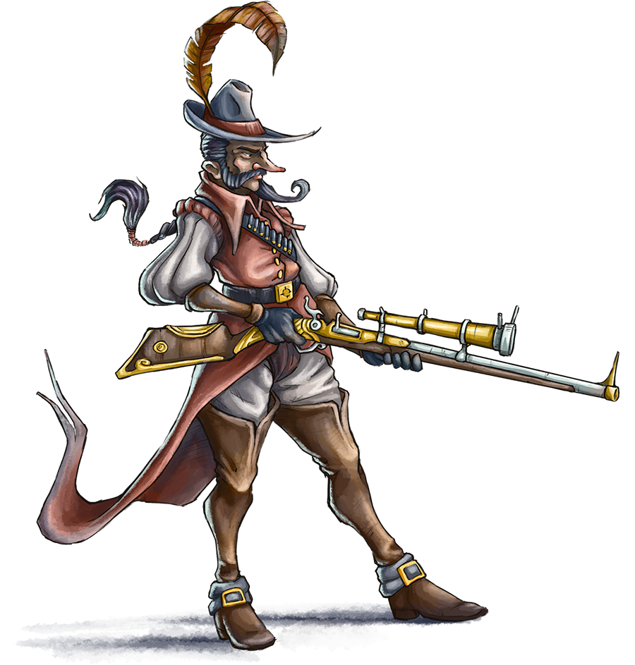 Un riche chasseur avec un chapeau à plume et un imposant fusil à lunette.