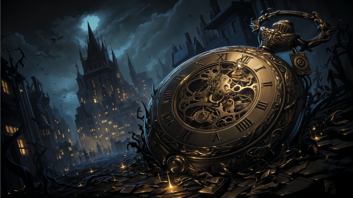 Illustration montre-gousset horrifique.