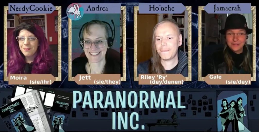 Screenshot aus der Spielrunde bei Katze + Wolf mit NerdyCookie, Andrea, Ho'nehe und Jamaerah