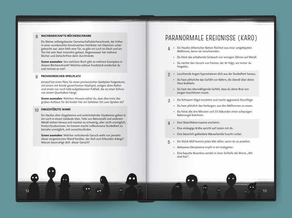 Mockup einer Doppelseite aus einem Mysterium mit Schauplätzen und paranormalen Ereignissen