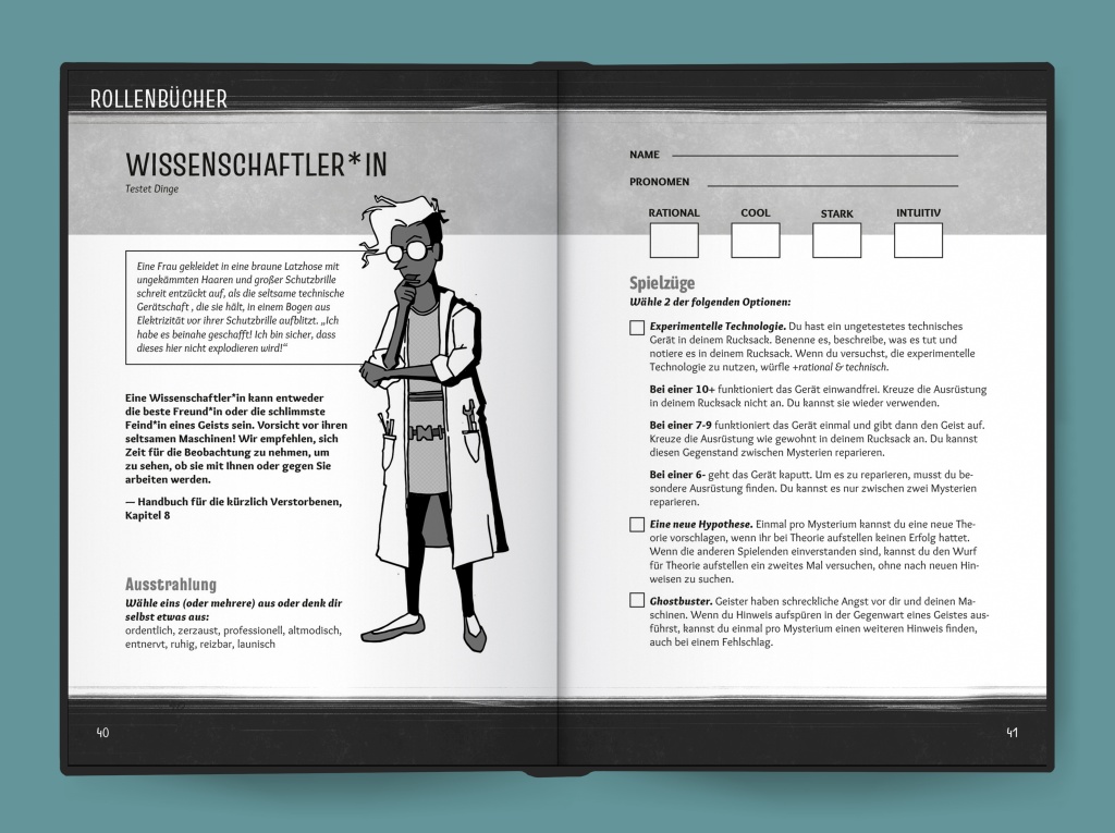 Mockup einer Doppelseite aus dem Rollenbuch Wissenschaftler in
