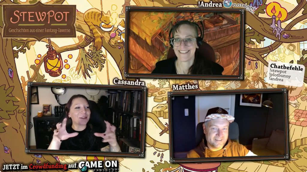 Screenshot aus der Stewpot-Spielrunde bei 3P mit Cassandra, Matthes und Andrea