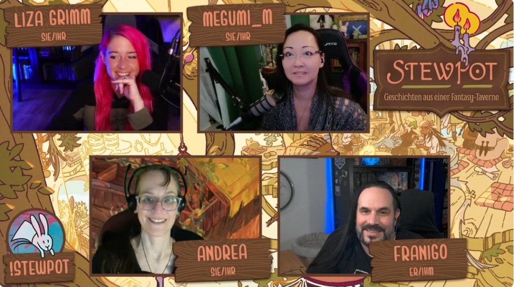 Screenshot aus der Stewpot-Runde bei Franigo Rolls mit Liza Grimm, Megumi M, Andrea und Franigo.