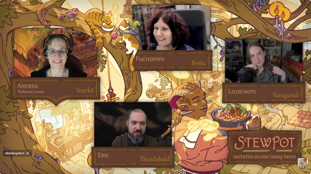 Screenshot aus der Spielrunde bei Orkenspalter TV mit Andrea, Fuchskind, Eric und Lilischote