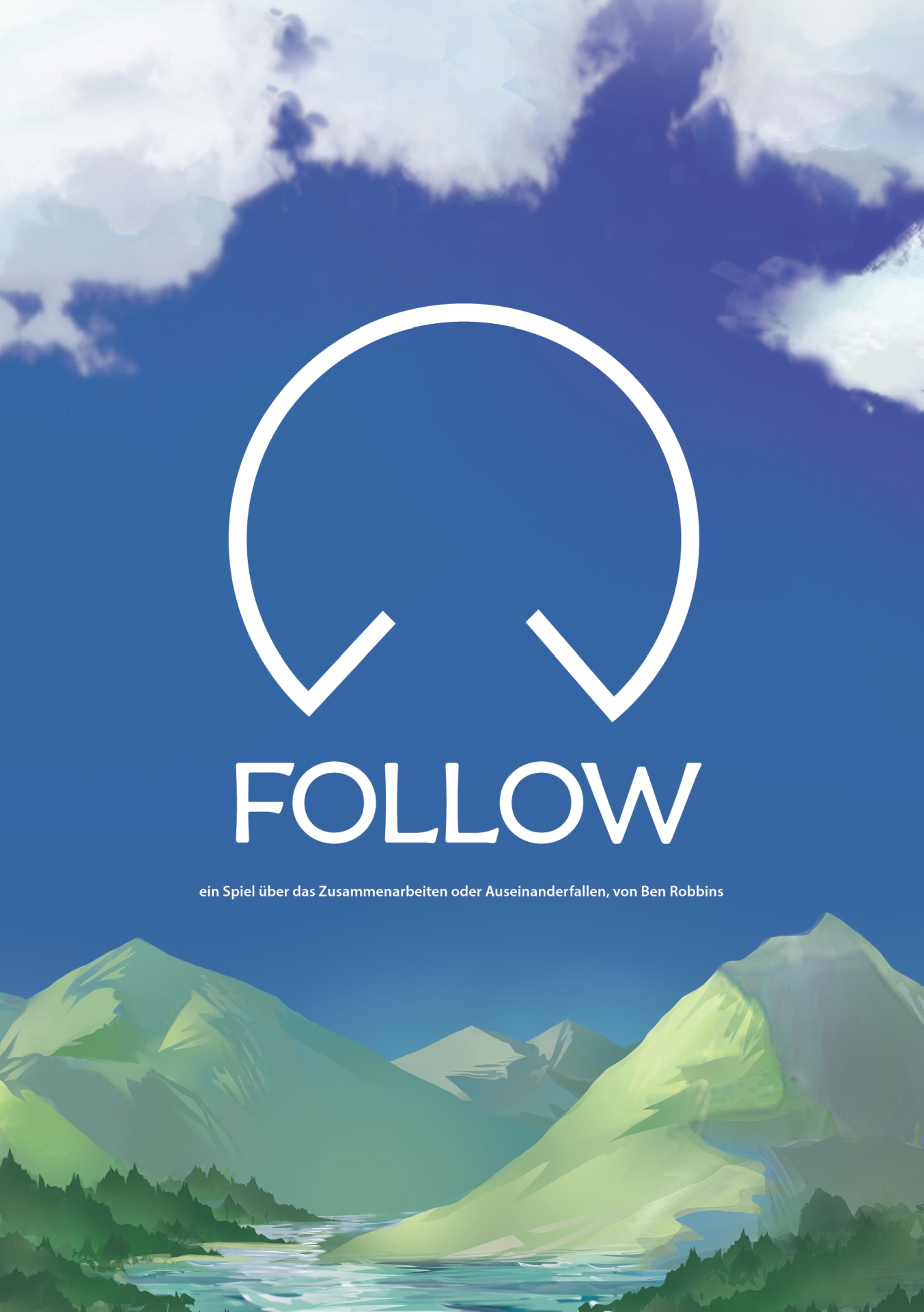 Vorschau auf das Cover von Follow. Vor einem blauen Himmel mit weißen Wölkchen und einer grün-grauen Berglandschaft sieht man den Titel und das Logo des Spiels.