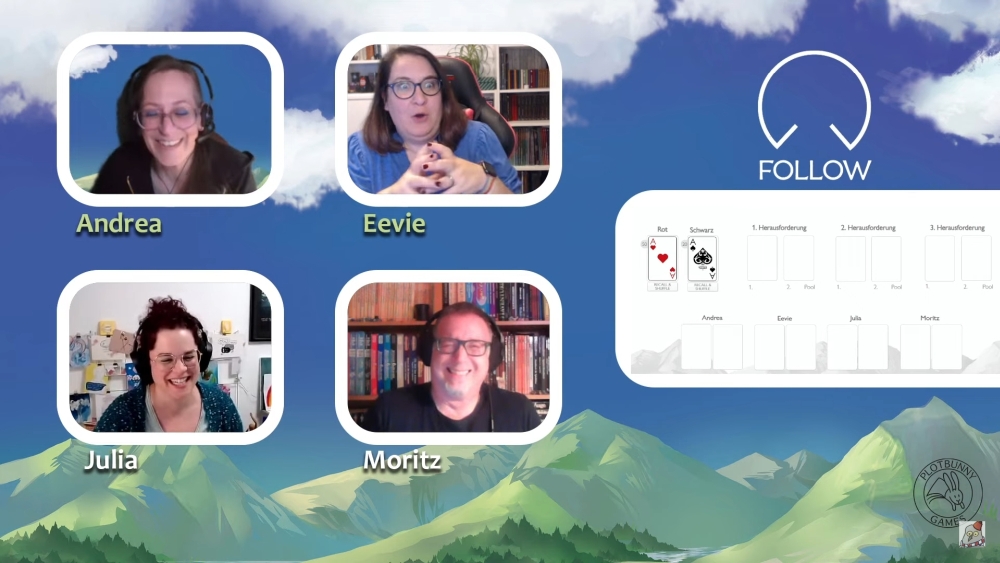 Screenshot aus dem Actual Play: Gisela (Julia) hat sich einen zweideutigen Schlachtruf ausgedacht, ihre Enkelin Becky (Eevie) ist entsetzt, Andrea und Moritz sind sehr amüsiert.