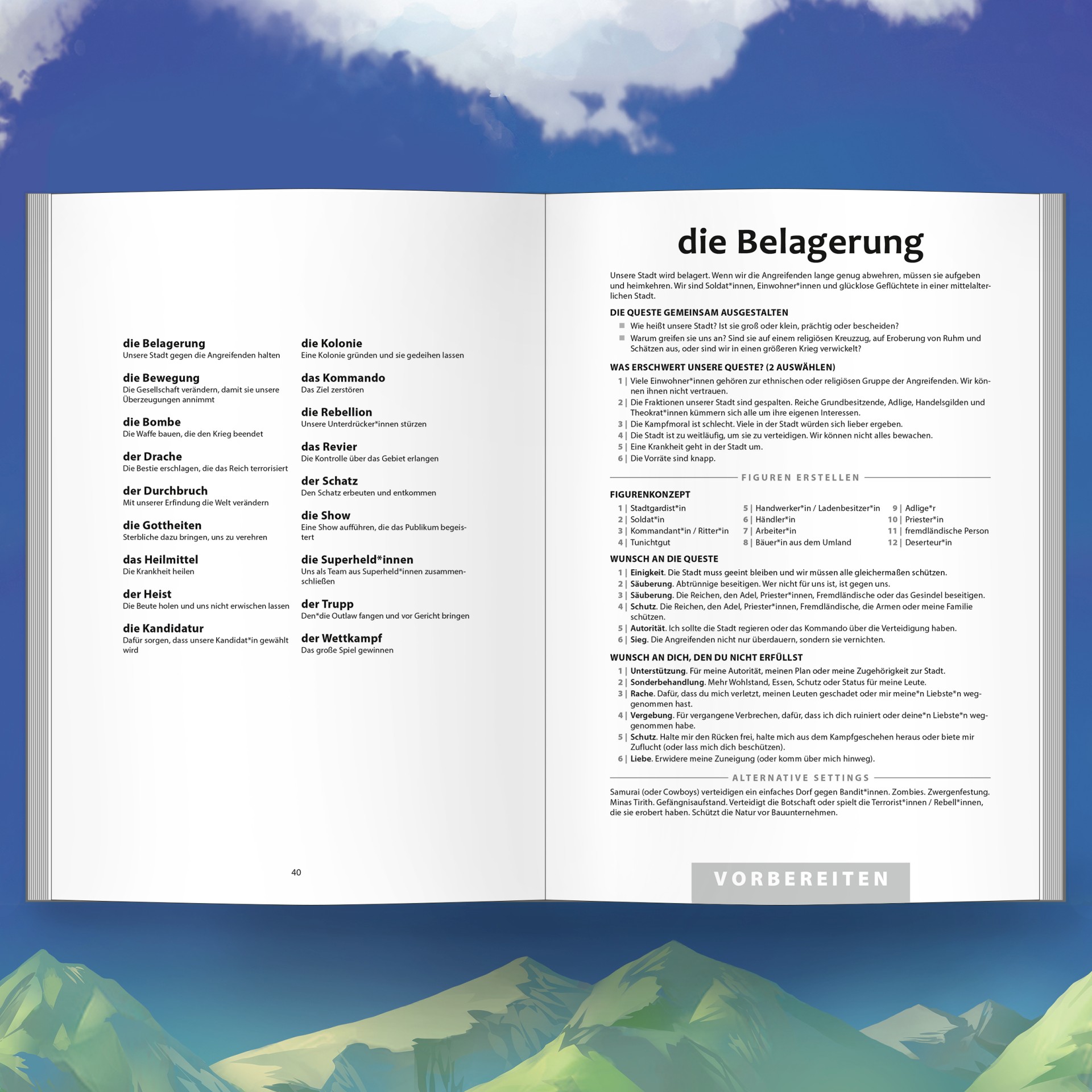 Mockup einer Doppelseite aus dem Abschnitt Questen