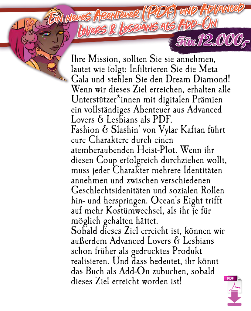 Ein neues Abenteuer: Fashion & Slashin' (PDF) und Advanced Lovers & Lesbians als Add-On