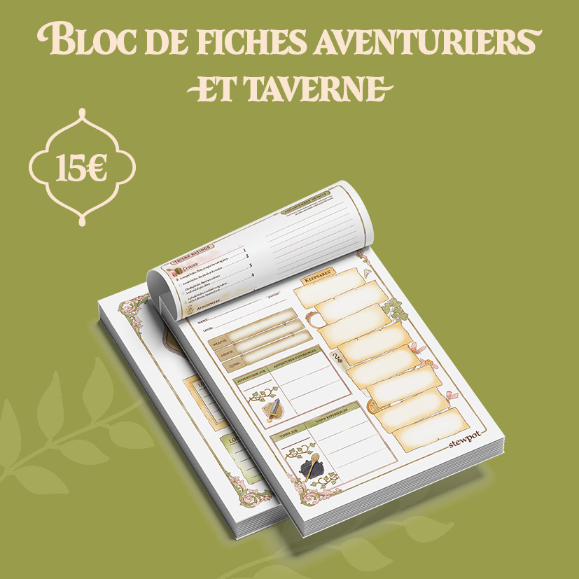 Blocs de fiches aventuriers et taverne