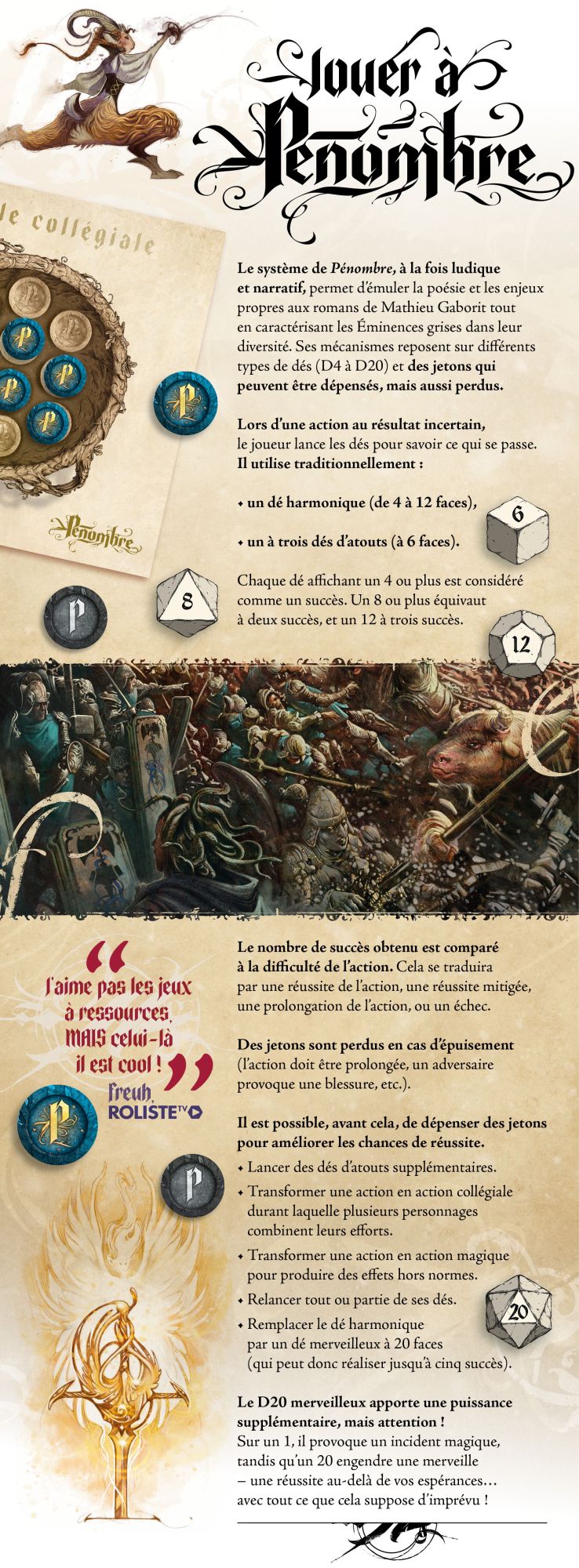Le système de Pénombre, à la fois ludique et narratif, permet d’émuler la poésie et les enjeux propres aux romans de Mathieu Gaborit tout en caractérisant les Éminences grises dans leur diversité. Ses mécanismes reposent sur différents types de dés (D4 à D20) et des jetons qui peuvent être dépensés, mais aussi perdus. Lors d’une action au résultat incertain, le joueur lance les dés pour savoir ce qui se passe. Il utilise traditionnellement : • un dé harmonique (de 4 à 12 faces), • un à trois dés d’atouts (à 6 faces). Chaque dé affichant un 4 ou plus est considéré comme un succès. Un 8 ou plus équivaut à deux succès, et un 12 à trois succès. Le nombre de succès obtenu est comparé à la difficulté de l’action. Cela se traduira par une réussite de l’action, une réussite mitigée, une prolongation de l’action, ou un échec. Des jetons sont perdus en cas d’épuisement (l’action doit être prolongée, un adversaire provoque une blessure, etc.). Il est possible, avant cela, de dépenser des jetons pour améliorer les chances de réussite. • Lancer des dés d’atouts supplémentaires. • Transformer une action en action collégiale durant laquelle plusieurs personnages combinent leurs efforts. • Transformer une action en action magique pour produire des effets hors normes. • Relancer tout ou partie de ses dés. • Remplacer le dé harmonique par un dé merveilleux à 20 faces (qui peut donc réaliser jusqu’à cinq succès). Le D20 merveilleux apporte une puissance supplémentaire, mais attention ! Sur un 1, il provoque un incident magique, tandis qu’un 20 engendre une merveille – une réussite au-delà de vos espérances… avec tout ce que cela suppose d’imprévu !